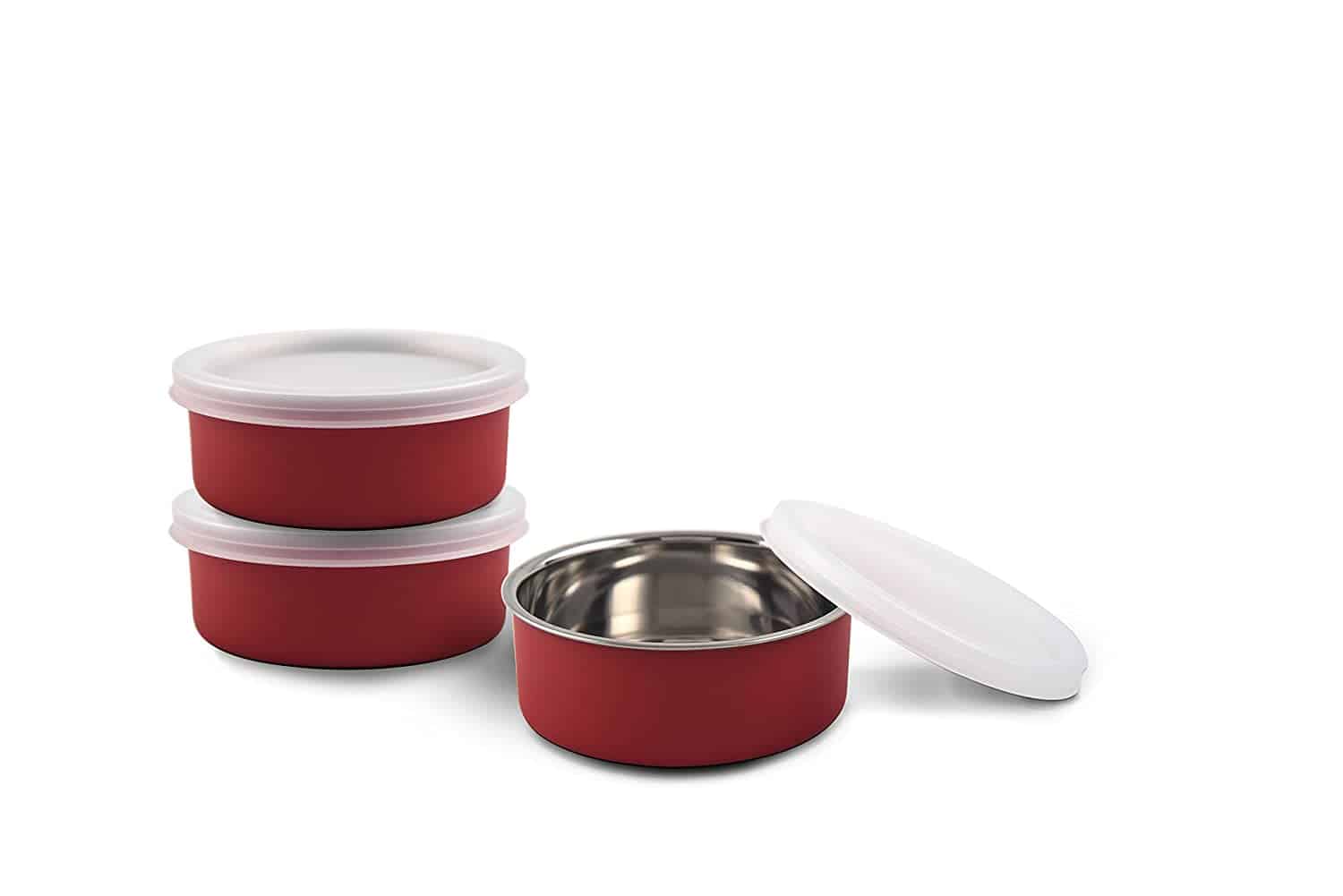 KINSHIP INDIA Microwave Safe Stainless Steel Small Lunch Containers (Red, 3 x 11 cm, 3 x 300 ml), Set of 3-min